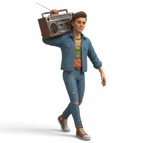 Teen with boombox on shoulder, retro, vintage, character, classic, nostalgic, oldschool, iconic, cartoon, figure, collectible