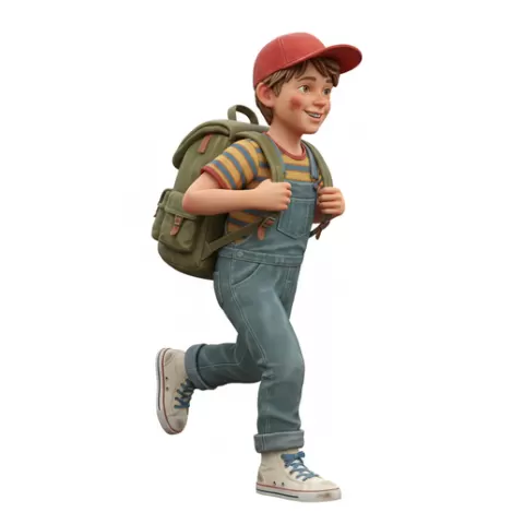 90s school kid with backpack and sneakers, retro, vintage, character, classic, nostalgic, oldschool, iconic, cartoon, figure, collectible