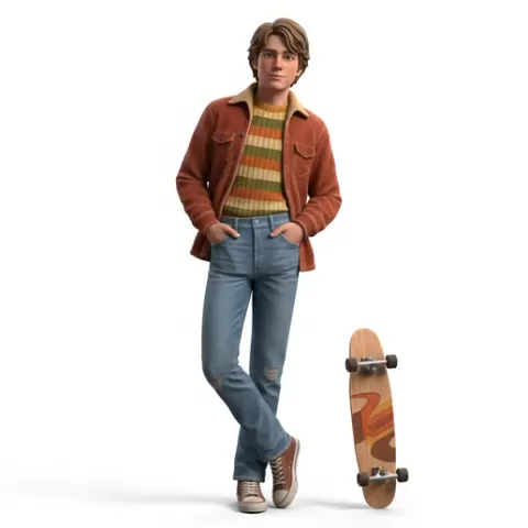 Teen leaning with hands in pockets, retro, vintage, character, classic, nostalgic, oldschool, iconic, cartoon, figure, collectible