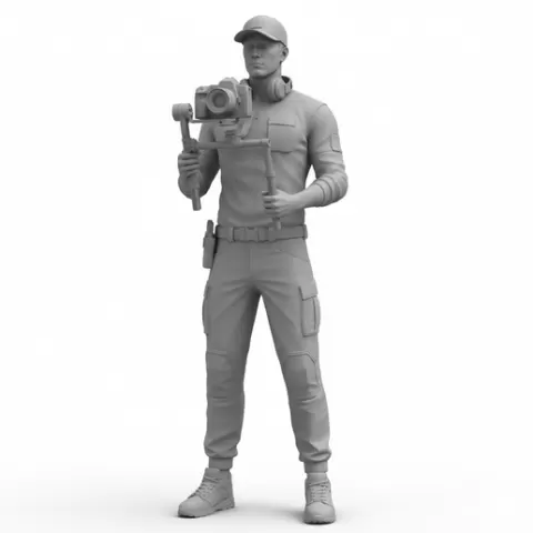 Videographer holding stabilizer rig, profession, job, worker, career, occupation, employee, expert, specialist, industry, service, uniform, tools, skills, training, work, professional, figure, figurine, model, collectible