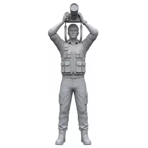 Photographer holding camera overhead, profession, job, worker, career, occupation, employee, expert, specialist, industry, service, uniform, tools, skills, training, work, professional, figure, figurine, model, collectible