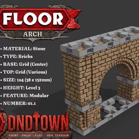 Floor - Arch Block - Stone Bricks - Level03 - 1x4 - Top (GRID - VARIOUS) - Base (CENTER) - 01.1 (SCUFFED) - DnD Town Minis (www.dnd.town) by TTR.Town