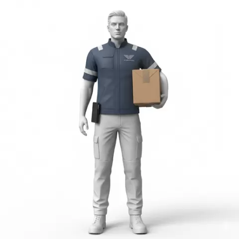 Courier holding parcel under arm, profession, job, worker, career, occupation, employee, expert, specialist, industry, service, uniform, tools, skills, training, work, professional, figure, figurine, model, collectible
