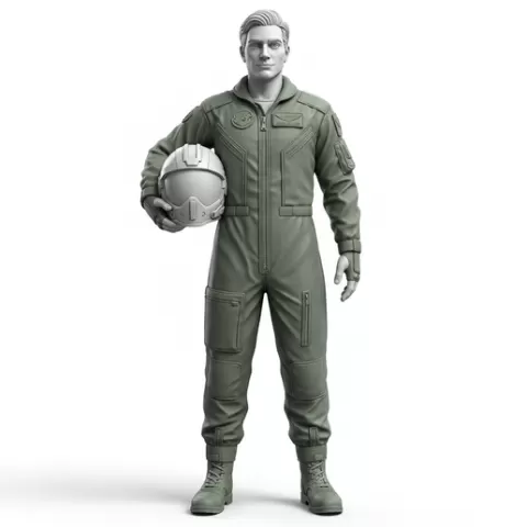 Pilot seated relaxed holding helmet, profession, job, worker, career, occupation, employee, expert, specialist, industry, service, uniform, tools, skills, training, work, professional, figure, figurine, model, collectible