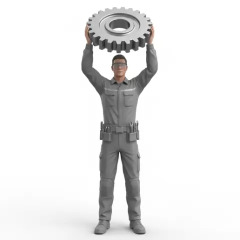 Mechanical engineer holding gear up, profession, job, worker, career, occupation, employee, expert, specialist, industry, service, uniform, tools, skills, training, work, professional, figure, figurine, model, collectible