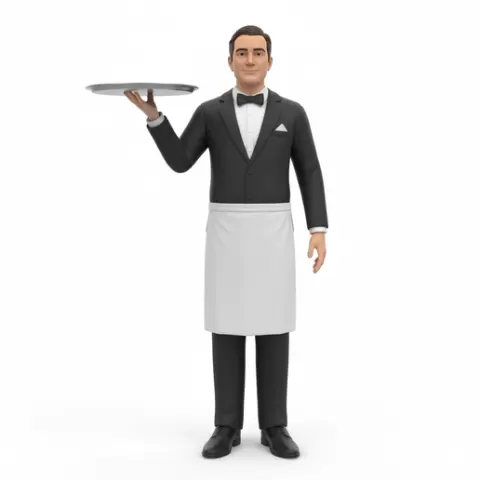 Waiter holding tray one hand up, profession, job, worker, career, occupation, employee, expert, specialist, industry, service, uniform, tools, skills, training, work, professional, figure, figurine, model, collectible