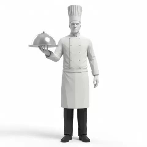 Chef presenting dish with one hand, profession, job, worker, career, occupation, employee, expert, specialist, industry, service, uniform, tools, skills, training, work, professional, figure, figurine, model, collectible