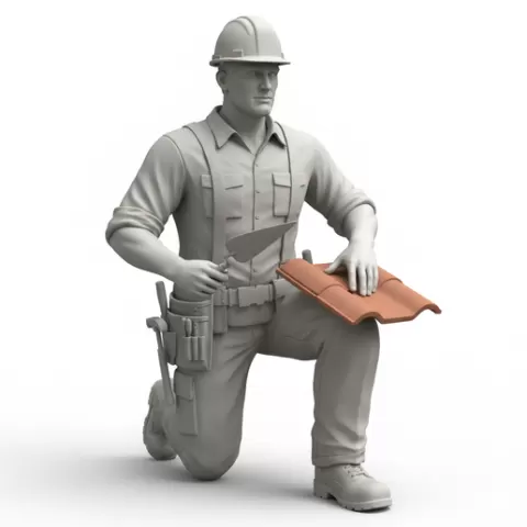 Roofer kneeling balancing tile, profession, job, worker, career, occupation, employee, expert, specialist, industry, service, uniform, tools, skills, training, work, professional, figure, figurine, model, collectible