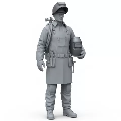 Welder holding mask in one hand, profession, job, worker, career, occupation, employee, expert, specialist, industry, service, uniform, tools, skills, training, work, professional, figure, figurine, model, collectible