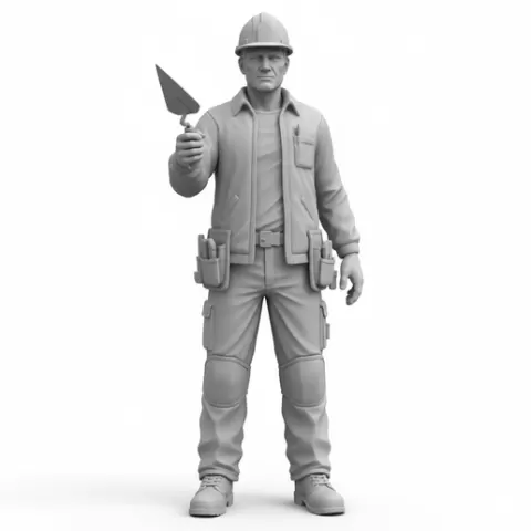 Bricklayer holding trowel forward, profession, job, worker, career, occupation, employee, expert, specialist, industry, service, uniform, tools, skills, training, work, professional, figure, figurine, model, collectible