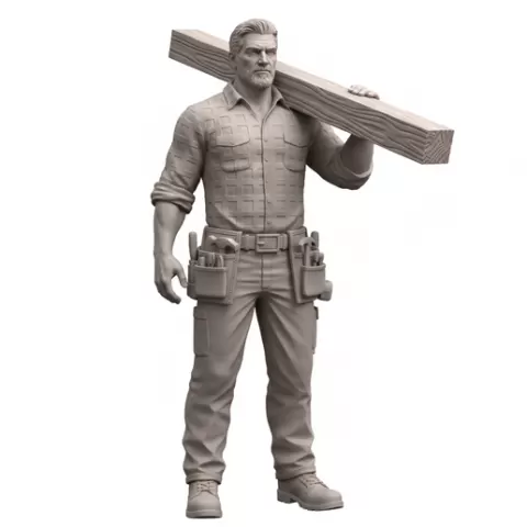 Carpenter carrying wooden plank, profession, job, worker, career, occupation, employee, expert, specialist, industry, service, uniform, tools, skills, training, work, professional, figure, figurine, model, collectible