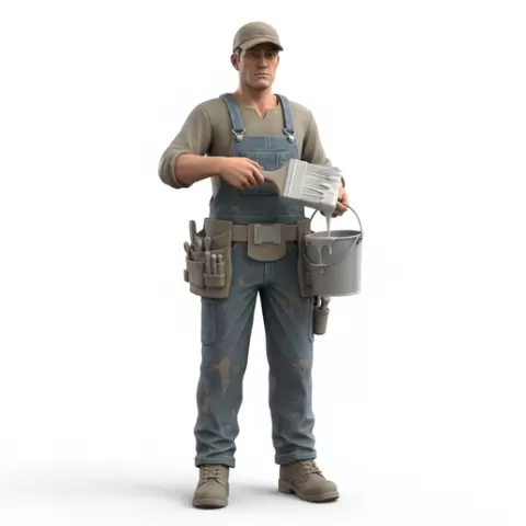 Painter dipping brush bucket, profession, job, worker, career, occupation, employee, expert, specialist, industry, service, uniform, tools, skills, training, work, professional, figure, figurine, model, collectible