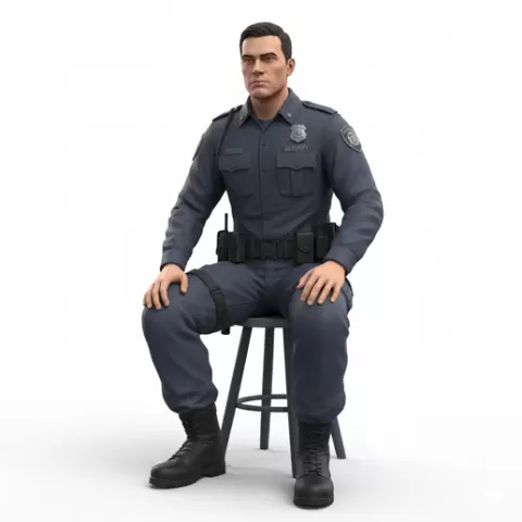 Security guard seated relaxed alert, profession, job, worker, career, occupation, employee, expert, specialist, industry, service, uniform, tools, skills, training, work, professional, figure, figurine, model, collectible