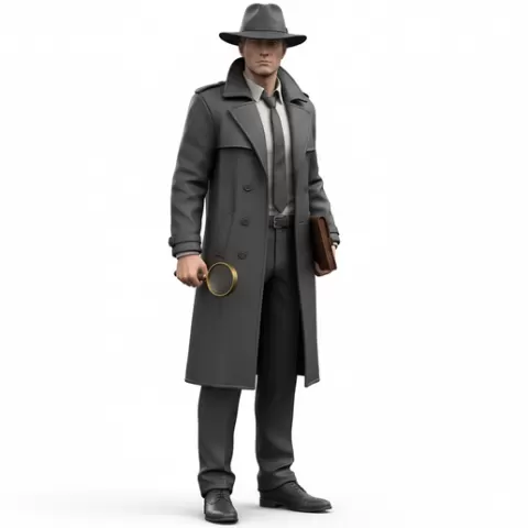 Detective leaning slightly forward, profession, job, worker, career, occupation, employee, expert, specialist, industry, service, uniform, tools, skills, training, work, professional, figure, figurine, model, collectible