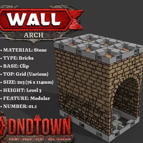 Wall - Arch Block - Stone Bricks - Level03 - 2x3 - Top (GRID - VARIOUS) - Base (CLIP) - 01.1 (SCUFFED) - DnD Town Minis (www.dnd.town) by TTR.Town