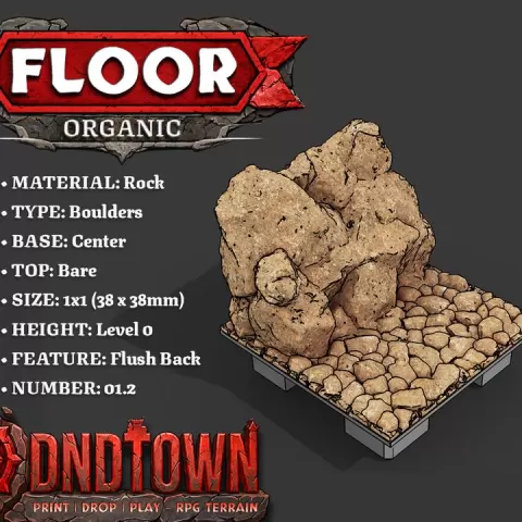 Floor - Stone - Rock Boulders - Vertical Flush - 1x1 - Centre 02.2 - 3D Modular Dungeon Tile - DnD Town Minis (www.dnd.town) by TTR.Town