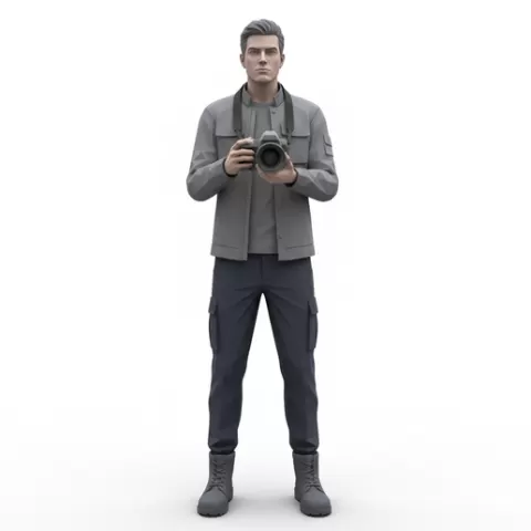 Photographer holding camera chest level, profession, job, worker, career, occupation, employee, expert, specialist, industry, service, uniform, tools, skills, training, work, professional, figure, figurine, model, collectible