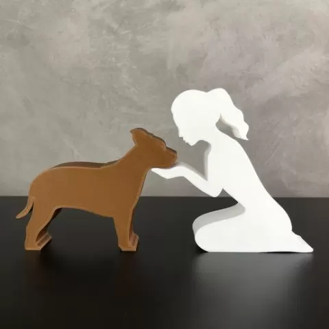 Girl and her American Staffordshire Terrier (tied hair) for 3D printer or laser cut
