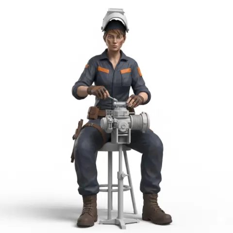 Mechanic sitting on stool working, profession, job, worker, career, occupation, employee, expert, specialist, industry, service, uniform, tools, skills, training, work, professional, figure, figurine, model, collectible
