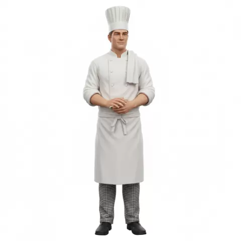 Chef wiping hands apron pose, profession, job, worker, career, occupation, employee, expert, specialist, industry, service, uniform, tools, skills, training, work, professional, figure, figurine, model, collectible