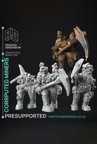 Corrupted Dwarf Miners - Flesh of Gold - PRESUPPORTED - Illustrated and Stats - 32mm scale