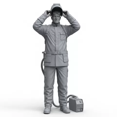 Welder removing helmet pose, profession, job, worker, career, occupation, employee, expert, specialist, industry, service, uniform, tools, skills, training, work, professional, figure, figurine, model, collectible