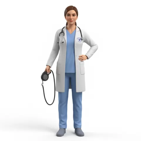 Veterinarian holding leash, profession, job, worker, career, occupation, employee, expert, specialist, industry, service, uniform, tools, skills, training, work, professional, figure, figurine, model, collectible