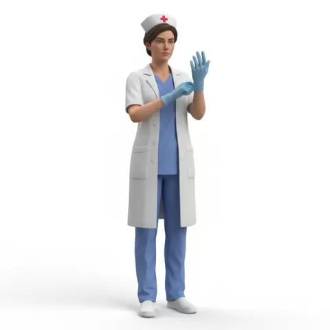 Nurse adjusting gloves, profession, job, worker, career, occupation, employee, expert, specialist, industry, service, uniform, tools, skills, training, work, professional, figure, figurine, model, collectible