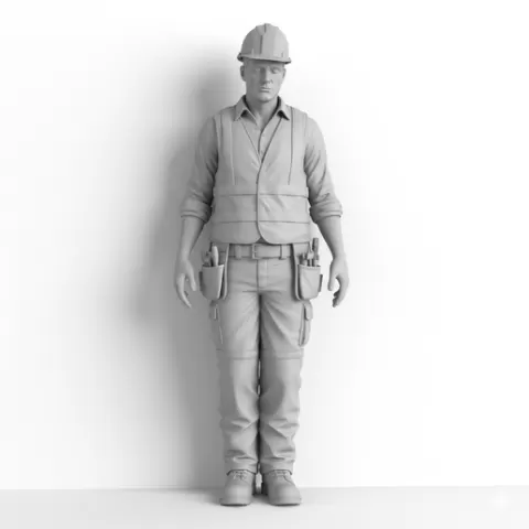 Worker leaning against wall tired, profession, job, worker, career, occupation, employee, expert, specialist, industry, service, uniform, tools, skills, training, work, professional, figure, figurine, model, collectible