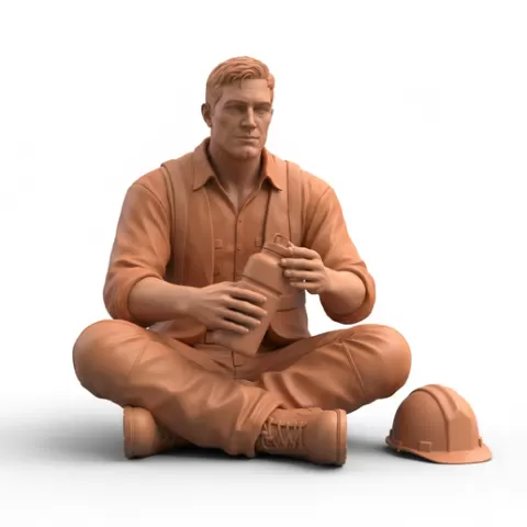 Worker sitting on ground break pose, profession, job, worker, career, occupation, employee, expert, specialist, industry, service, uniform, tools, skills, training, work, professional, figure, figurine, model, collectible