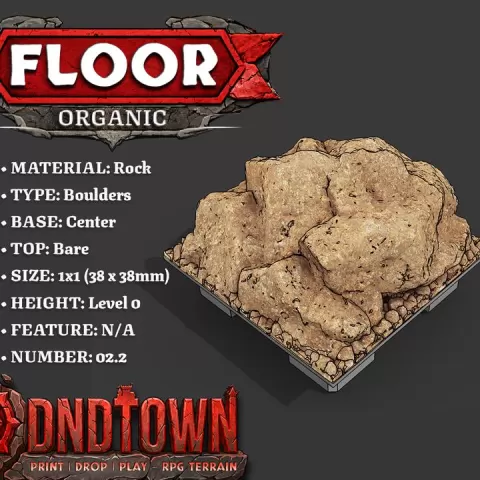 Floor - Stone - Rock Boulders - Ground - 1x1 - Centre 02.2 - 3D Modular Dungeon Tile - DnD Town Minis (www.dnd.town) by TTR.Town