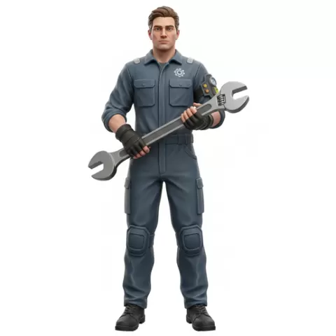 Mechanical engineer holding wrench low, profession, job, worker, career, occupation, employee, expert, specialist, industry, service, uniform, tools, skills, training, work, professional, figure, figurine, model, collectible