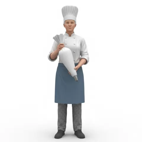 Pastry chef holding piping bag, profession, job, worker, career, occupation, employee, expert, specialist, industry, service, uniform, tools, skills, training, work, professional, figure, figurine, model, collectible