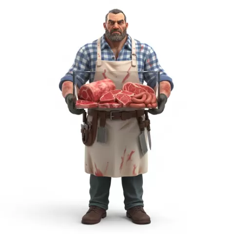 Butcher holding meat cut display, profession, job, worker, career, occupation, employee, expert, specialist, industry, service, uniform, tools, skills, training, work, professional, figure, figurine, model, collectible