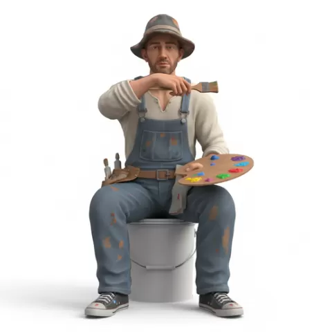 Painter sitting bucket rest pose, profession, job, worker, career, occupation, employee, expert, specialist, industry, service, uniform, tools, skills, training, work, professional, figure, figurine, model, collectible