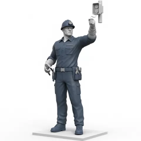 Electrician reaching upward fixing cable, profession, job, worker, career, occupation, employee, expert, specialist, industry, service, uniform, tools, skills, training, work, professional, figure, figurine, model, collectible