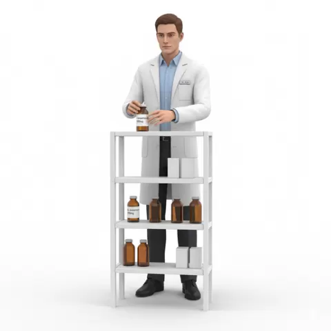 Pharmacist placing bottle on shelf, profession, job, worker, career, occupation, employee, expert, specialist, industry, service, uniform, tools, skills, training, work, professional, figure, figurine, model, collectible
