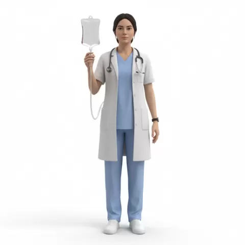 Nurse holding IV bag upright, profession, job, worker, career, occupation, employee, expert, specialist, industry, service, uniform, tools, skills, training, work, professional, figure, figurine, model, collectible