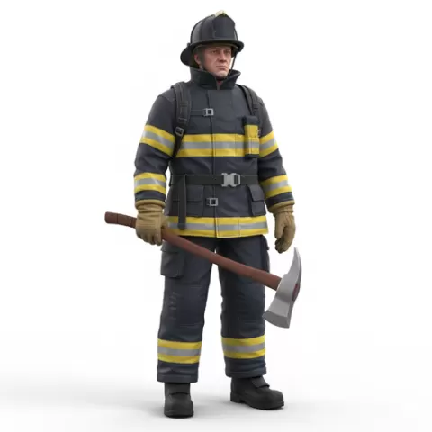 Firefighter resting with axe, profession, job, worker, career, occupation, employee, expert, specialist, industry, service, uniform, tools, skills, training, work, professional, figure, figurine, model, collectible
