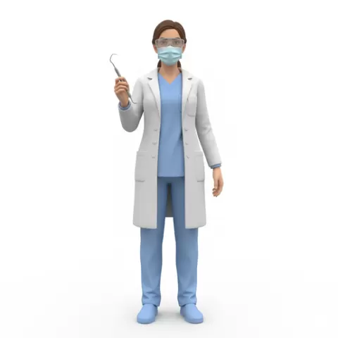 Dentist leaning examining tool, profession, job, worker, career, occupation, employee, expert, specialist, industry, service, uniform, tools, skills, training, work, professional, figure, figurine, model, collectible
