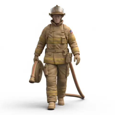 Firefighter walking forward hose drag, profession, job, worker, career, occupation, employee, expert, specialist, industry, service, uniform, tools, skills, training, work, professional, figure, figurine, model, collectible