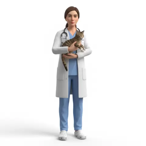 Veterinarian holding cat close, profession, job, worker, career, occupation, employee, expert, specialist, industry, service, uniform, tools, skills, training, work, professional, figure, figurine, model, collectible