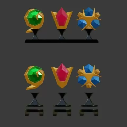 3 Spiritual Stones from Zelda Ocarina of Time: Kokiri's Emerald, Goron's Ruby, Zora's Sapphire