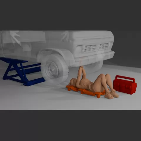 1/64 Scene the figure of a female mechanic repairing a car 1/64 Scale