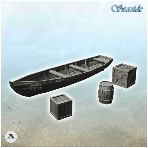 Set of wooden boats, crates, and barrels (7) - scenery medie - Hartolia Miniatures