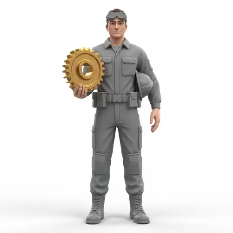 Mechanical engineer holding gear, profession, job, worker, career, occupation, employee, expert, specialist, industry, service, uniform, tools, skills, training, work, professional, figure, figurine, model, collectible
