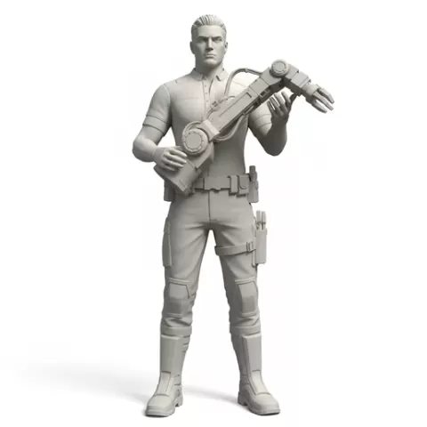 Robotics engineer holding robot arm, profession, job, worker, career, occupation, employee, expert, specialist, industry, service, uniform, tools, skills, training, work, professional, figure, figurine, model, collectible