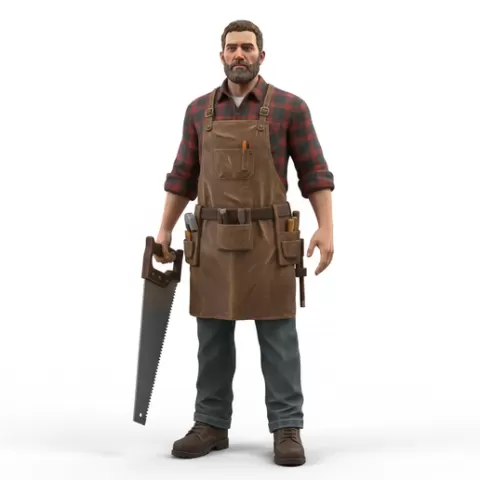 Carpenter holding saw, profession, job, worker, career, occupation, employee, expert, specialist, industry, service, uniform, tools, skills, training, work, professional, figure, figurine, model, collectible