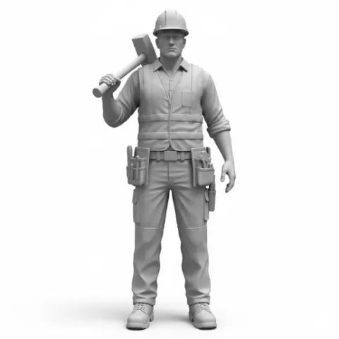 Construction worker holding hammer, profession, job, worker, career, occupation, employee, expert, specialist, industry, service, uniform, tools, skills, training, work, professional, figure, figurine, model, collectible
