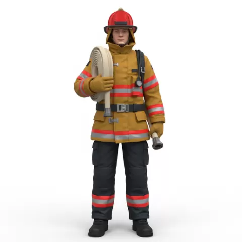 Firefighter holding hose, profession, job, worker, career, occupation, employee, expert, specialist, industry, service, uniform, tools, skills, training, work, professional, figure, figurine, model, collectible